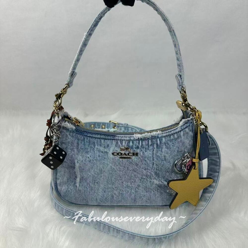 Coach Teri Shoulder Bag In Loved Denim With Charms Gold/Light Indigo CDY76 NWT